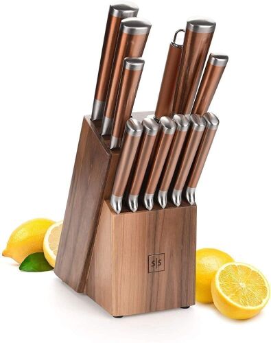 Premium 13 pc Stainless Steel Copper Knife Set with Walnut Knife Block - Lot 198