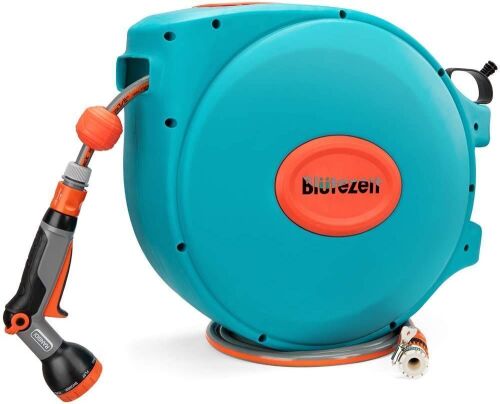 Bltezeit Wall Mount Garden Retractable Hose Reel with 9 Adjustable Sprayer Nozzle, 1/2" x 98' - Lot 86