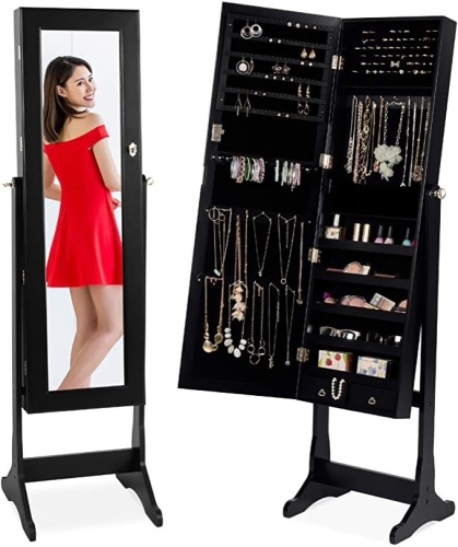 Standing Mirror Armoire, Lockable Jewelry Storage Organizer Cabinet w/ Velvet Interior, 3 Angle Adjustments  - Lot 321