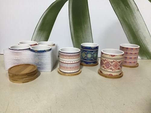 Lot of (2) Mandalas Style Ceramic Succulent Plant Pots with Bamboo Tray, Set of 4  - Lot 604