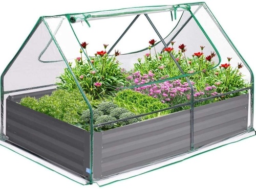 Quictent 4×3×1 Ft Extra-Thick Galvanized Steel Raised Garden Bed Planter Kit Box with Greenhouse 2 Large Zipper Windows - Lot 637