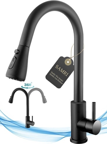SAMRI Kitchen Faucet with Pull Down Sprayer, Matte Black, 15-inch Single Handle High Arc Design, Eco-Friendly 304 Stainless Steel - Lot 1500