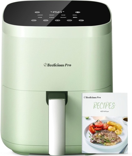 Air Fryer,Beelicious® 8-in-1 Smart Compact 4QT Air Fryers,Shake Reminder,450°F Digital Airfryer with Flavor-Lock Tech,Tempered Glass Display,Dishwasher-Safe & Nonstick,Fit for 1-3 People,Avo Green - Lot 1502
