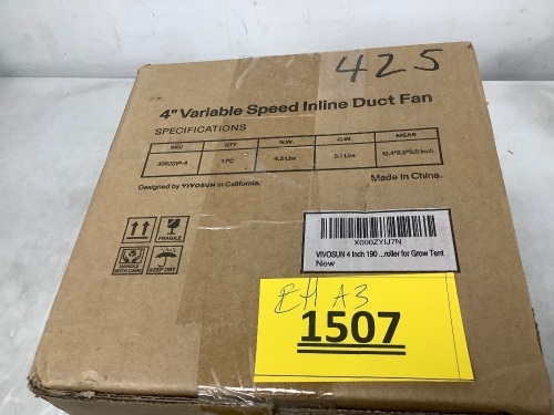 VIVOSUN R4 4 Inch 190 CFM Inline Duct Ventilation Fan with Variable Speed Controller for Grow Tent - Lot 1507
