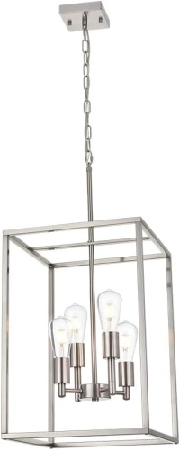 Lucidce Brushed Nickel Chandelier 4-Light Foyer Chandelier Industrial Lantern Pendant Light Metal Square Ceiling Hanging Lights for Dining Room - Lot 1509