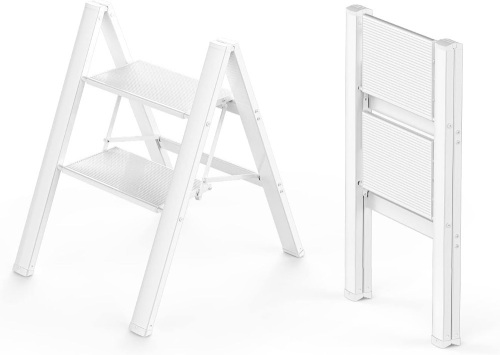 WOA WOA 2 Step Ladder, Folding Ladders with Anti-Slip Pedal, Portable Lightweight Stepladder, Aluminum Step Stool for Indoor & Outdoor 300lbs - White - Lot 1521