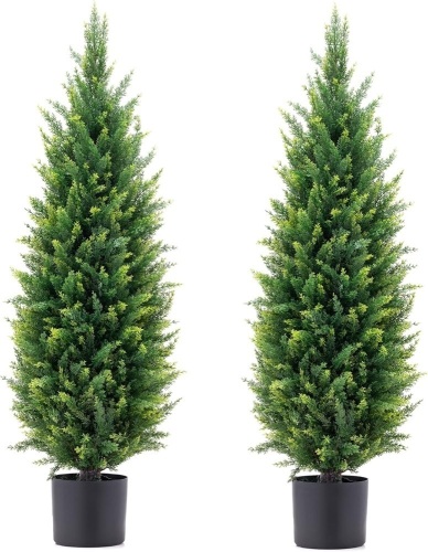ECOLVANT Two 3.5ft (42'') Artificial Cedar Topiary Trees UV Rated Potted Plants Artificial Shrubs Bushes Potted Tree Indoor Outdoor - Lot 1523