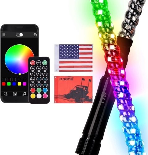 Funomo Led Whip Light with 2 Flags Weatherproof 360° Spiral Led Chase Light Bluetooth and Remote Control Lighted Antenna Whip for ATV, UTV, RZR, Buggy Dune(3FT 1PC) - Lot 1724