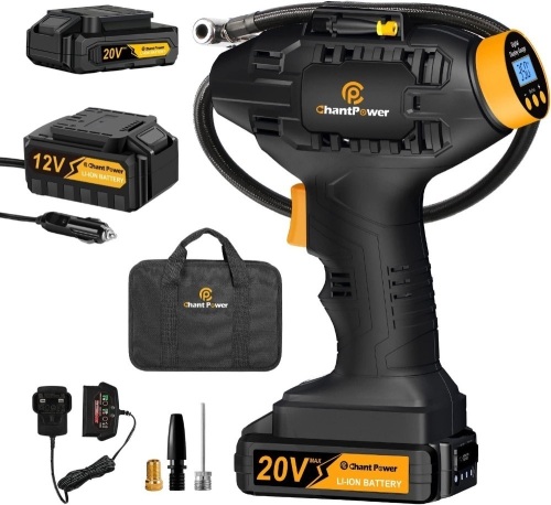 C P CHANTPOWER Cordless Tire Inflator Air Compressor 20V Rechargeable Battery Powered 100PSI Air Pump with Digital Pressure Gauge, 12V Car Power Adaptor for Cars, Bicycles Balls and Other Inflatables - Lot 1718e