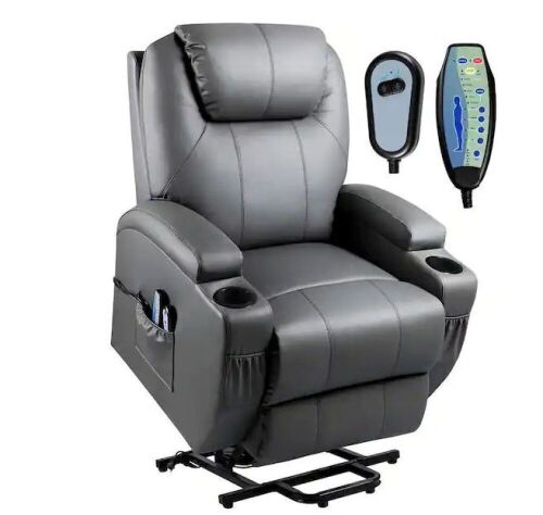 Gray Leather Power Lift Standard Recliner  - Lot 60
