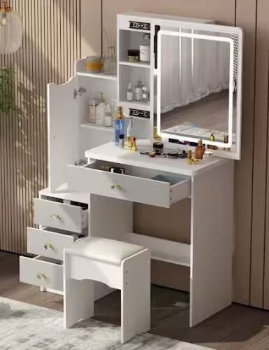 4-Drawers White Wood Vanity Dressing Table Set with Stool, Mirror, LED Light, Door and Storage Shelves  - Lot 97