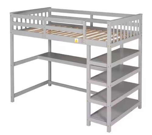 Harper & Bright Designs Modern Gray Wood Frame Twin Size Loft Bed with Under-Bed Desk, Storage Shelves and Built-in Ladder - Lot 130