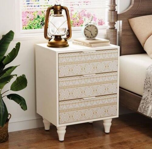 Mayville White 3-Drawer Nightstand with Bohemian Patterns  - Lot 190