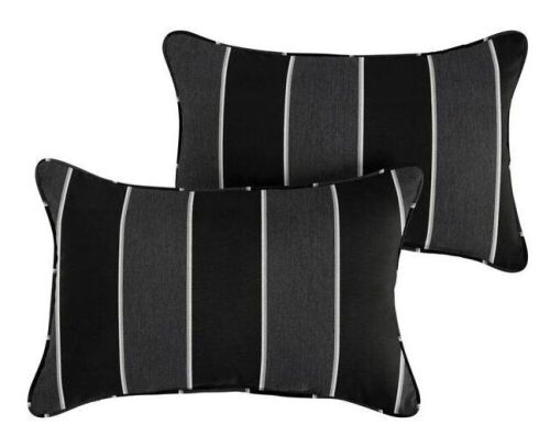 Sorra Home Sunbrella Black Grey Stripe Rectangular Outdoor Corded Lumbar Pillows, 2 Pack  - Lot 426