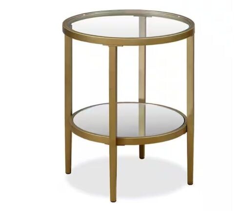 Hera 20 in. Antique Brass Finish Round Glass Top End Table  - Lot 430