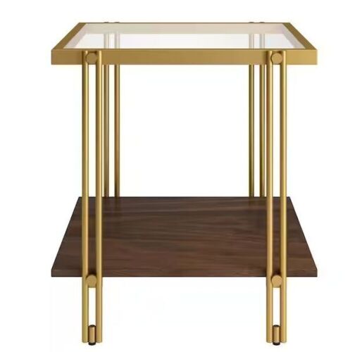 Inez 20 in. Brass/Walnut Square Glass Top Side Table with and MDF Shelf  - Lot 484