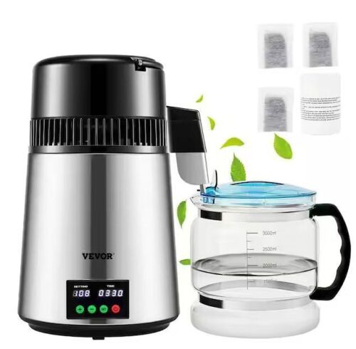 VEVOR 1.1Gal. Water Distiller 0.3Gal./H 750W 0-99H Timing Setting Temp Display, Silver  - Lot 536