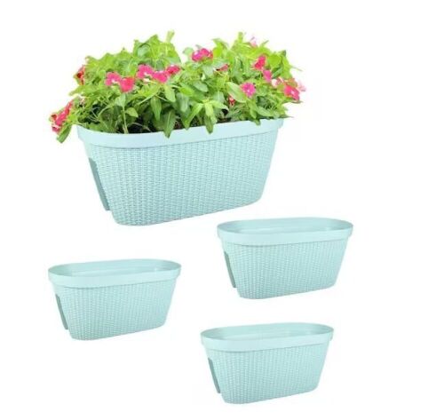 Aoodor 19.6 in. Light Blue Plastic Rattan Pattern Balcony Railing Planter Box, 4 Pack  - Lot 573