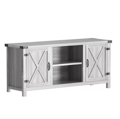 58 in. Farmhouse Gray Wash TV Stand Fits TV's up to 65 in. with Cabinets and Adjustable Shelves - Lot 151