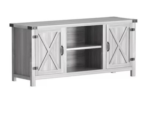 58 in. Farmhouse Gray Wash TV Stand Fits TV's up to 65 in. with Cabinets and Adjustable Shelves  - Lot 171