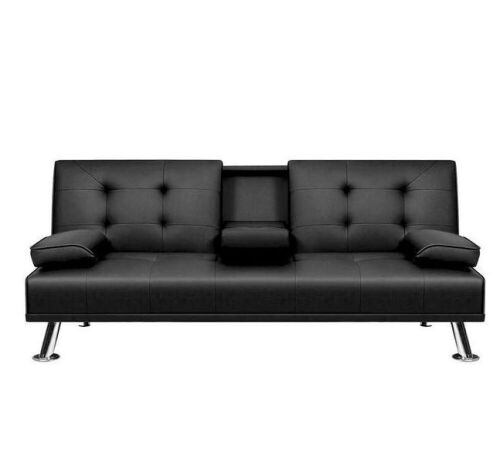 Black 66 in. Faux Leather Upholstered Convertible Folding Futon Sofa Bed 2 Cupholders  - Lot 87