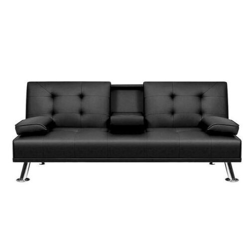 Black 66 in. Faux Leather Upholstered Convertible Folding Futon Sofa Bed 2 Cupholders  - Lot 341