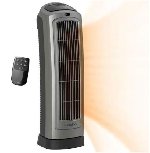 Lasko 1500W 22 in. Gray Electric Tower Ceramic Space Heater with Digital Display, Thermostat and Remote Control  - Lot 588
