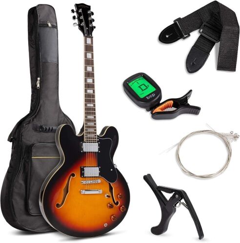 Semi-Hollow Body Electric Guitar Set w/Dual Humbucker Pickups, 3-Way Pickup Selector, Case, Electronic Tuner, Capo, Strap, Picks, Cutaway Design - Sunburst  - Lot 133