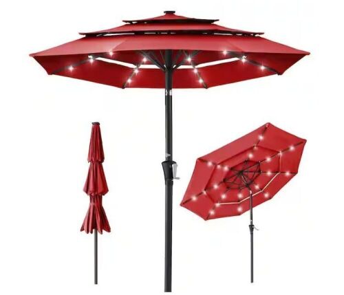 3-Tier Solar Patio Umbrella w/ LED Lights, Tilt Adjustment, Crank - 10ft - Lot 147