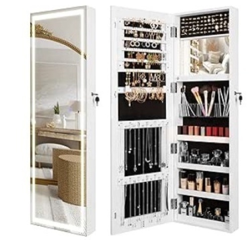 Becko US 47.2" Jewelry Armoire with Mirror & Light Inside and Out, Jewelry Organizer Jewelry Cabinet with Full-Length Mirror & Lockable Keys, Wall/Door Mounted (White) - Lot 181