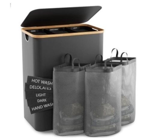 Laundry Hamper with Lid, 145L Extra Large Hamper 3 Section Dirty Clothes Hampers for Divided Basket Organizer for Bedroom,Laundry Room,Grey - Lot 194