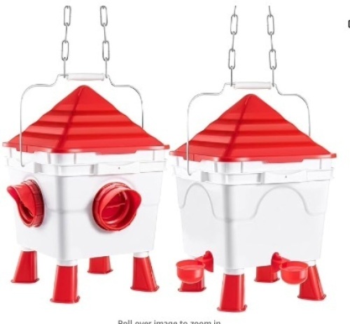 Automatic 11.5 Lbs 2.3 Gal Chicken Feeder and Waterer Hanging Chicken Feeder Waterer Set No Waste with Legs 4 Auto-Fill Cups and Feeding Ports for Chickens and Other Poultry Rain Proof Bucket - Lot 198