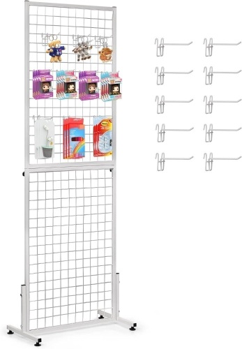 Cathyeen 6' x 2' Wire Grid Panel Wire Wall Grid Display Rack for Craft Shows with T-Base Floorstanding Sturdy Thickened Frame Art Show Display Panels Gridwall Panel Tower with 10 Pcs Hooks (White)  - Lot 192