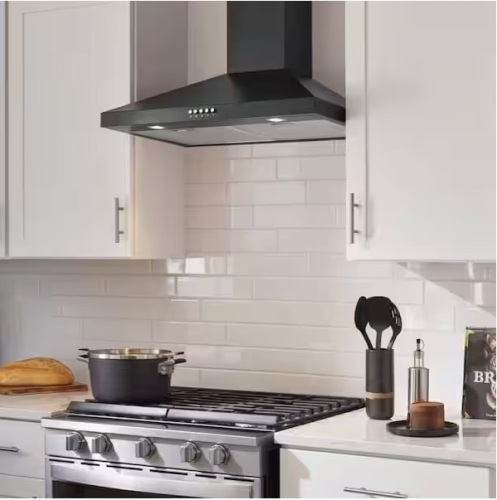VissaniSiena 30 in. 350CFM Convertible Pyramid Wall Mount Range Hood in Black with Charcoal Filters and LED Lighting - Lot 209