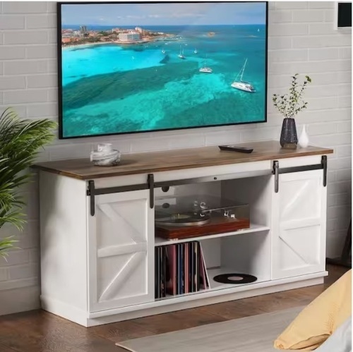 58 in. White Composite TV Stand Living Room Hub Fits TV's up to 65 in. with Sliding Barn Door and Adjustable Cabinets - Lot 160a