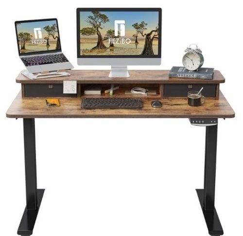 Adjustable Electric Standing Desk with Double Drawer, Stand Up Desk with Storage Shelf, Sit Stand Desk, Rustic Brown - Lot 161a
