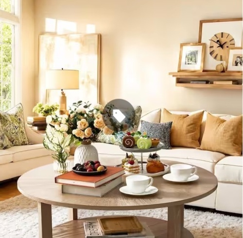 35.5 in. Light Brown Round Parawood Coffee Table with Shelf  - Lot 162a