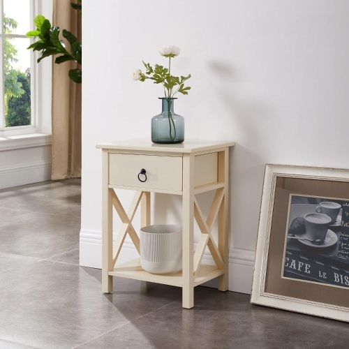 Eily Night Stand Bedside Table with Drawer Wooden Side Tables Bedroom Night Stands Small Nightstand End Table with Drawer and Shelf Ideal for Small Spaces Bed Side Table/Night Stand - Cream 12in - Lot 242