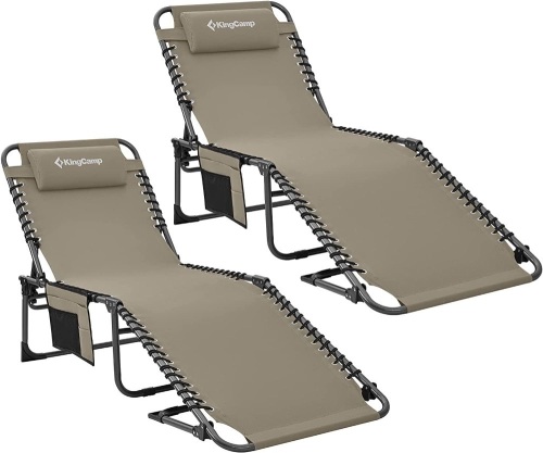 KingCamp Chaise Lounge Outdoor 5-Position Adjustable Patio Lounge Chair,Folding Tanning Chair for Lawn,Beach,Pool and Sunbathing,Portable Heavy-Duty Camping Reclining Chair with Pillow (2, Beige)  - Lot 275
