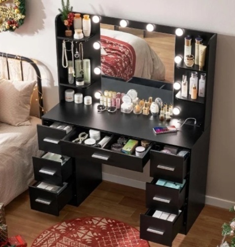 Large Vanity Desk with LED Lighted Mirror & Power Outlet,Makeup Vanity Table with 7 Drawers,4 Shelves and 5 Hooks - Lot 44