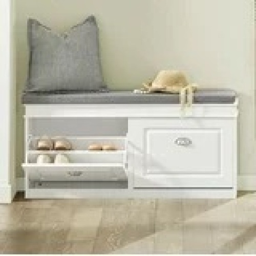 Haotian FSR64-W, Hallway Shoe Bench Shoe Rack Shoe Cabinet with Flip-drawer and Seat Cushion, White  - Lot 1605