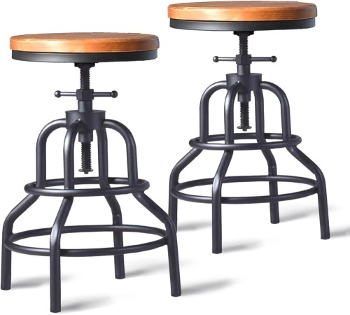 Diwhy Industrial Vintage Bar Stool,Kitchen Counter Height Adjustable Screw Stool,Swivel Bar Stool,Metal Wood Stool,27 Inch,Fully Welded Set of 2 (Wooden Top) - Lot 1616