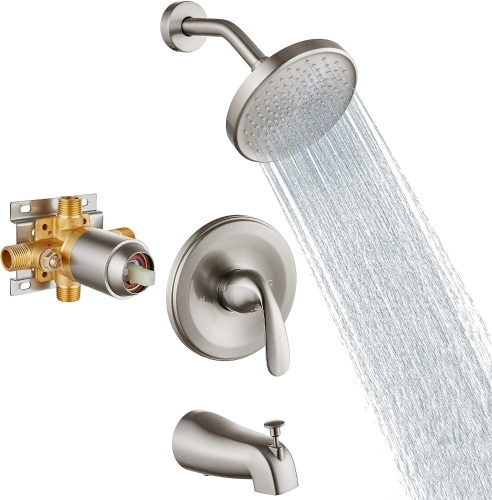 Aolemi 6 Inch Brushed Nickel Shower Trim Kit Wall Mount Shower Tub System with Pressure Balance Rough-in Valve Single-Spray Shower Head Faucet Set and 5.3 Inch Tub Spout Single Handle - Lot 1707