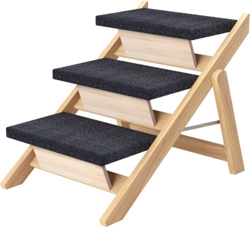 RunLexi Pet Stairs/Steps, Medium Dogs Steps for High Beds, Sofa, Couch, Car, 2-in-1 Foldable Wood Dog Ramp with Non-Slip Pads, Safety, Durable Portable Dog/Cat Ladder Up to 110 lbs, 3 Steps - Lot 2251