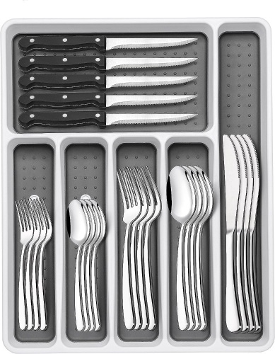 49-Piece Silverware Set with Organizer, Heavy Duty Stainless Steel Flatware for 8, Cutlery Utensil Sets with Steak Knives, Rust-proof, Mirror Polished, Dishwasher Safe - Lot 2259