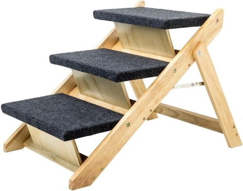MEWANG Wood Pet Stairs/Pet Steps - Foldable 3 Levels Dog Stairs & Ramp Perfect for Beds and Cars - Portable Dog/Cat Ladder Up to 110 Pounds - Lot 2270
