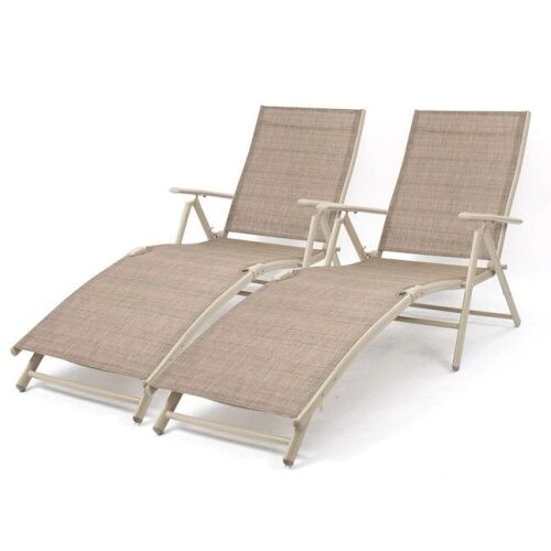Beige Metal Frame Stationary Chaise Lounge Chair, Set of 2  - Lot 60
