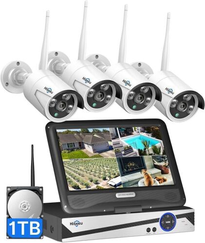 Hiseeu Wireless Security Camera System with 10in LCD 4K Monitor, 4Pcs 5MP Outdoor Indoor Cameras with One-Way Audio, Waterproof, Motion Detect, 1TB HDD/Cloud Storage - Lot 18