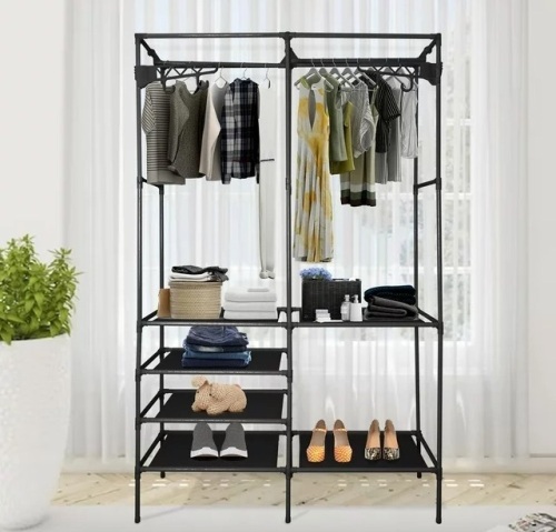 Metal Garment Rack Shoe Clothing Organizer Shelves Freestanding Multifunctional Clothes Wardrobe Coated Iron Frame,Black - Lot 166