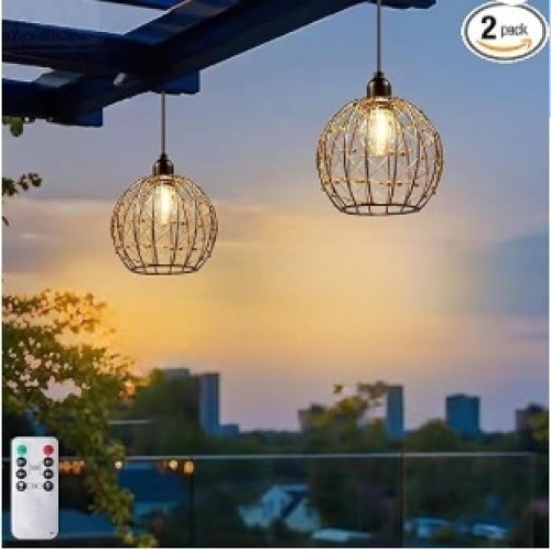 Hanging Pendant Lantern Lights, Battery Operated Outdoor Chandelier with G50 Warm White LED Bulb, Beaded Copper Wire Ball Shades, Remote Controlled for Patio Tree Pergola Gazebo Porch-2Pack - Lot 169